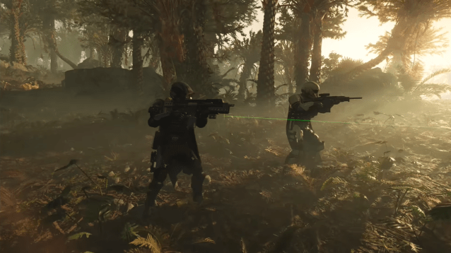 Two soldiers standing in a forest, disconnecting from the server in Helldivers 2
