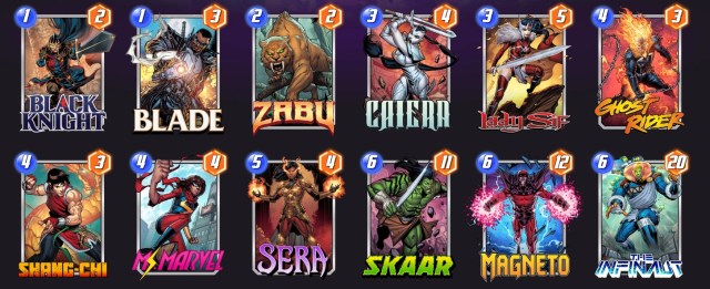 Marvel Snap deck consisting of Black Knight, Blade, Zabu, Caiera, Lady Sif, Ghost Rider, Shang-Chi, Ms. Marvel, Sera, Skaar, Magneto, and The Infinaut.