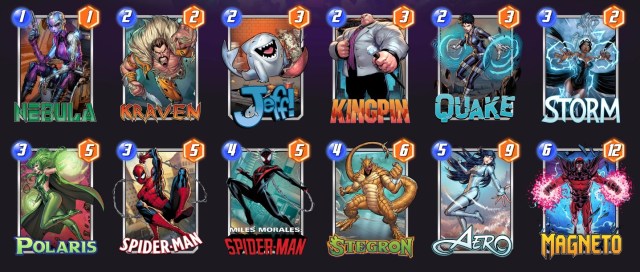 Marvel Snap deck consisting of Nebula, Kraven, Jeff, Kingpin, Quake, Storm, Polaris, Spider-Man, Miles Morales, Stegron, Aero, and Mageto.