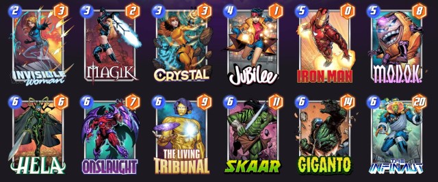 Marvel Snap deck consisting of Invisible Woman, Magik, Crystal, Jubilee, Iron Man, MODOK, Hela, Onslaught, The Living Tribunal, Skaar, Giganto, and The Infinaut.