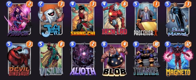 Marvel Snap deck consisting of Psylocke, Jeff, Shang-Chi, Iron Lad, Professor X, Blue Marvel, Devil Dinosaur, Vision, Alioth, Blob, Thanos, and Magneto.