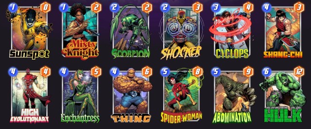 Marvel Snap deck consisting of Misty Knight, Scorpion, Shocker, Cyclops, Shang-Chi, High Evolutionary, Enchantress, The Thing, Spider-Woman, Abomination, and Hulk.