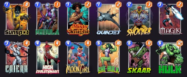 Marvel Snap deck consisting of Sunspot, Nebula, Misty Knight, Quinjet, Shocker, Magik, Caiera, High Evolutionary, Moon Girl, She-Hulk, Skaar, and Hulk.