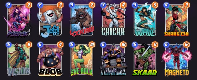 Marvel Snap deck consisting of Psylocke, Jeff, Lockjaw, Caiera, Wave, Shang-Chi, Vision, Blob, She-Hulk, Thanos, Skaar, and Magneto.