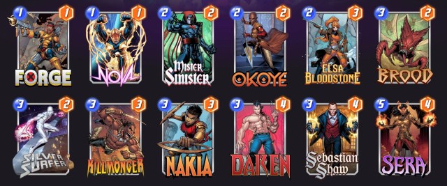 Marvel Snap deck consisting of Forge, Nova, Mister Sinister, Okoye, Elsa Bloodstone, Brood, Silver Surfer, Killmonger, Nakia, Daken, Sebastian Shaw, and Sera.