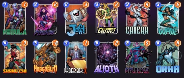 Marvel Snap deck consisting of Nebula, Psylocke, Jeff, Electro, Caiera, Wave, Shang-Chi, Hobgoblin, Professor X, Alioth, Galactus, and Orka.