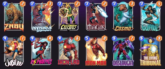 Marvel Snap deck consisting of Zabu, Invisible Woman, Electro, Magik, Cosmo, Wave, Jubilee, Ms. Marvel, Iron Lad, Iron Man, Onslaught, and The Living Tribunal.