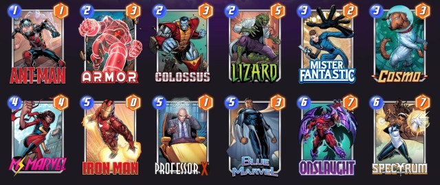 Marvel Snap deck consisting of Ant-Man, Armor, Colossus, Lizard, Mister Fantastic, Cosmo, Ms. Marvel, Iron Man, Professor X, Blue Marvel, Onslaught, and Spectrum.
