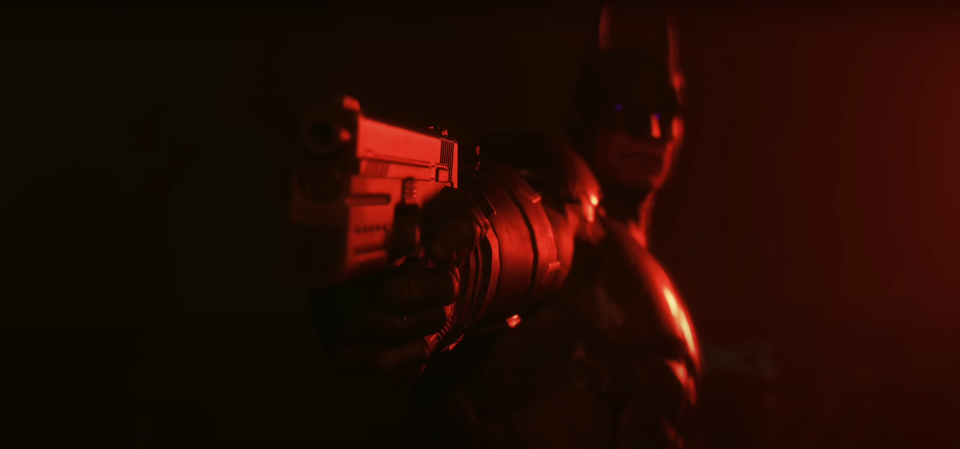 An in game image of Batman holding a gun from Suicide Squad Kill the Justice League