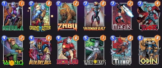 Marvel Snap deck consisting of Nebula, Grandmaster, Zabu, Ironheart, Magik, Thor, Wong, Beta Ray Bill, Iron Lad, White Tiger, Jane Foster, and Odin.
