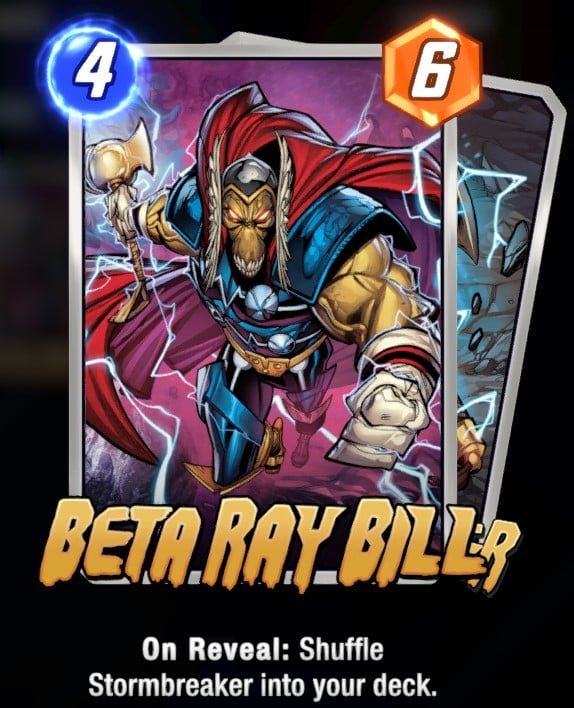 Beta Ray Bill card, showing his hammer and costume