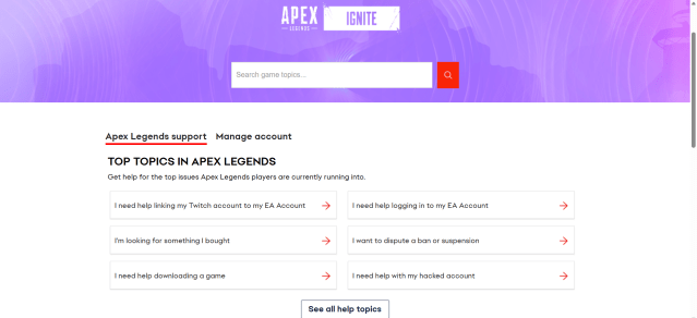 Screenshot of the Apex Legends support website page.