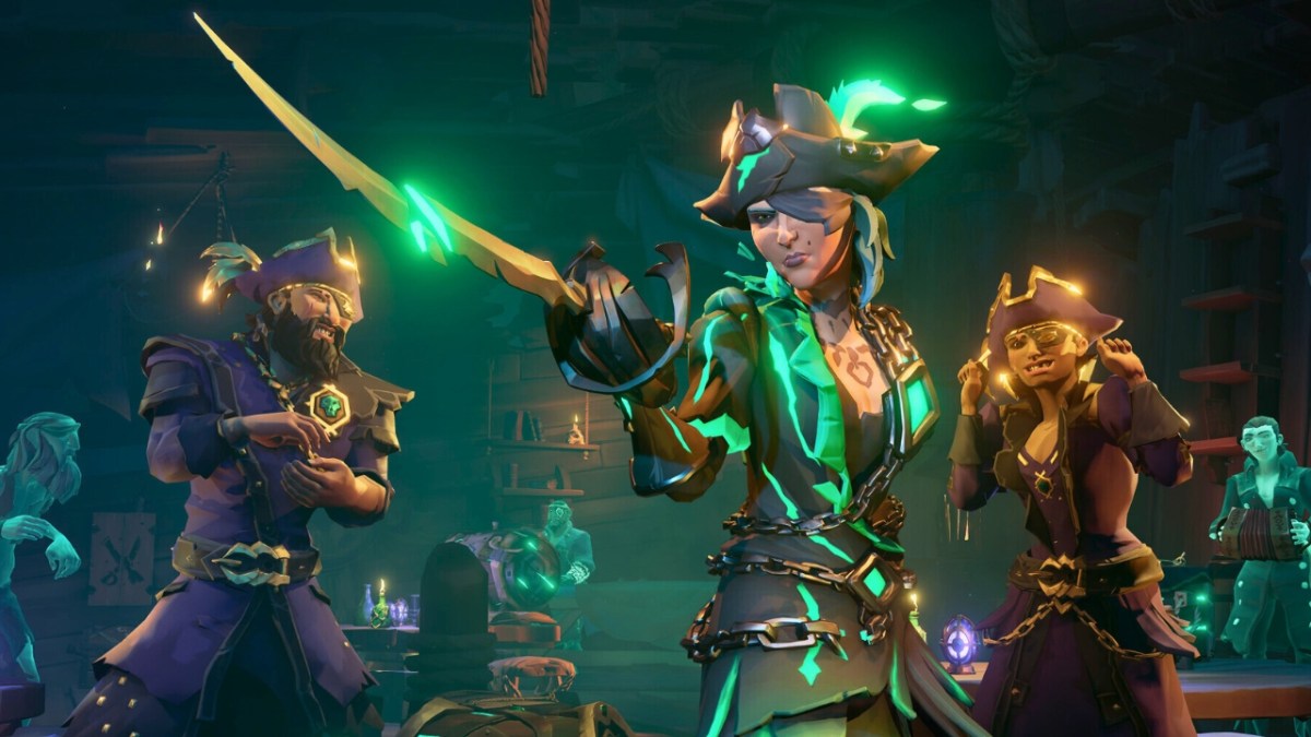A woman pirate holding her sword in the air in Sea of Thieves