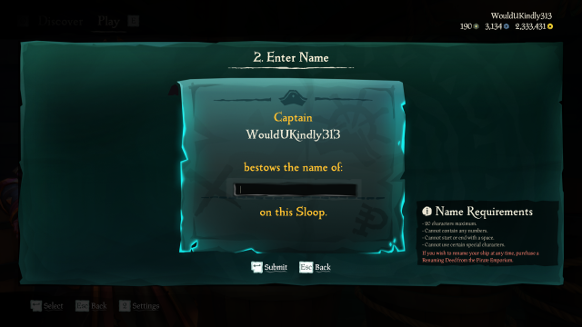 showing the naming requirements while naming your ship in Sea of Thieves