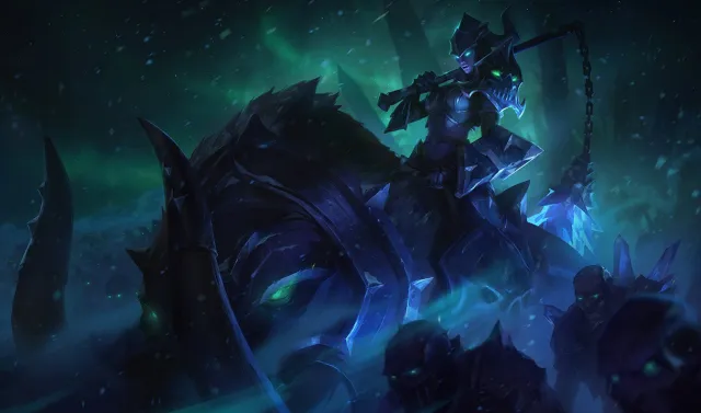 Sejuani waiting in the dark, surrounded by undead soldiers.