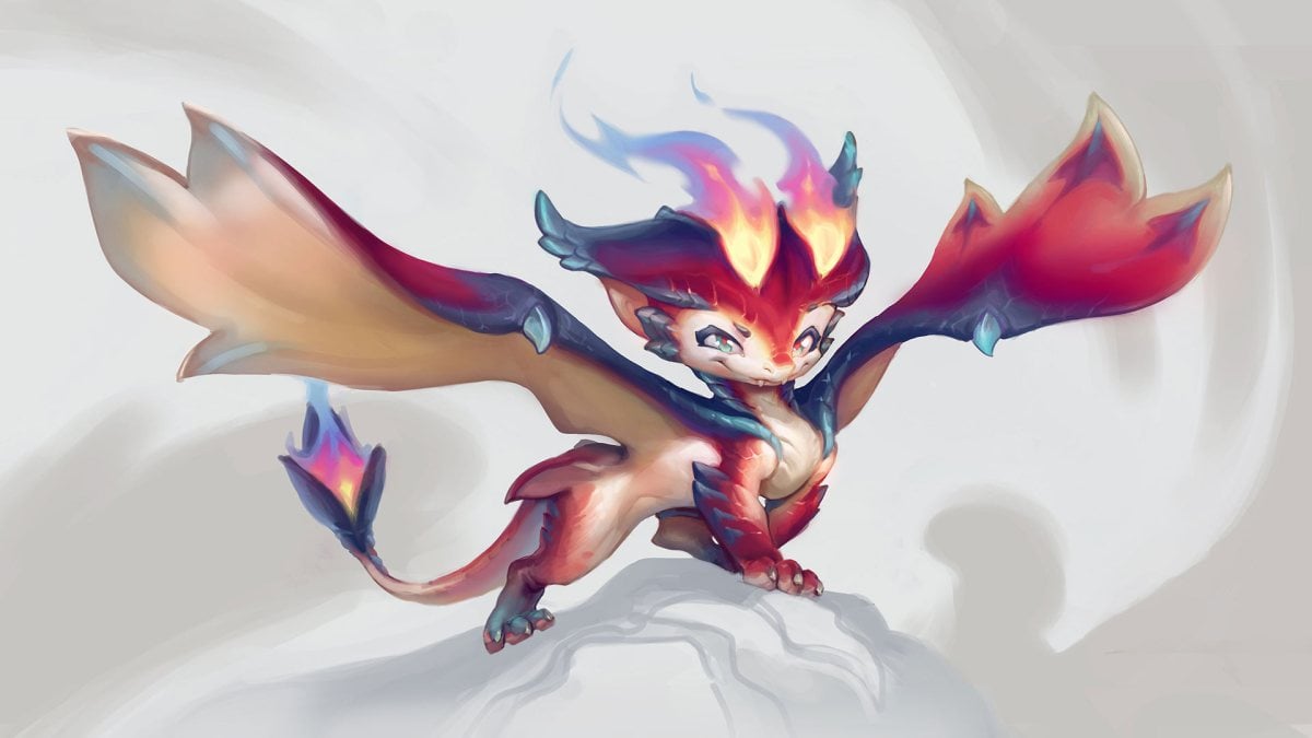 A piece of concept art for Smolder, a small red dragon with flames adorning his horns and the tip of his tail.