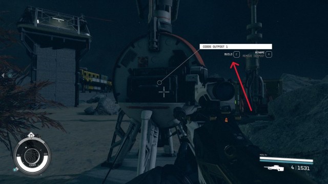 An in game screen of an outpost in Starfield. A red arrow points out the Build option on the outpost.