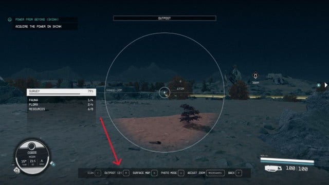 an in game screenshot of the scanner being used in Starfield. A red arrow points out the Outpost option at the bottom of the screen.