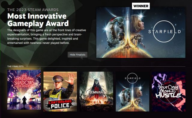 A screenshot of Steam's Game Award webpage that shows Starfield as the winner for Most Innovative Gameplay.