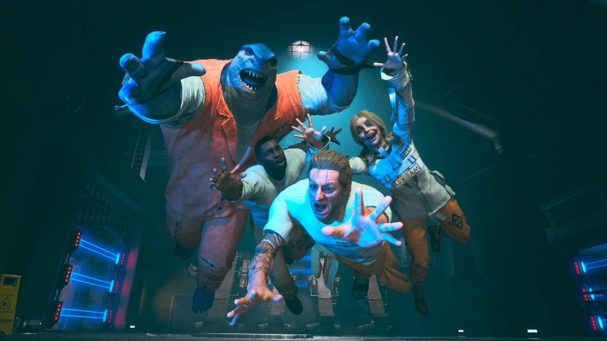 The members of the Suicide Squad diving at the camera.