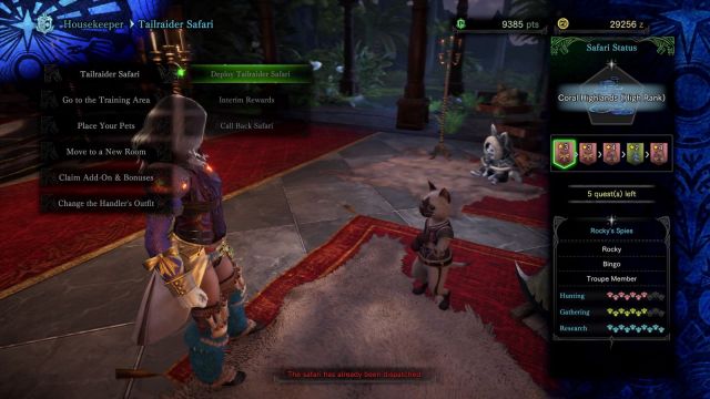 Image of the player standing next to the Housekeeper in Monster Hunter World with the Tailraider Safari menu open.
