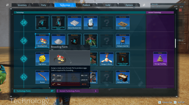 A screenshot from Palworld showing the Breeding Farm in the technology tree as well as the required items necessary to craft it.