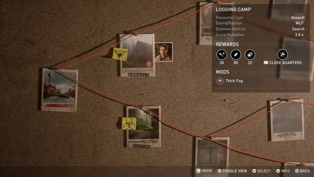 A corkboard with photos and thread connecting them in The Last Of Us 2 Remastered.