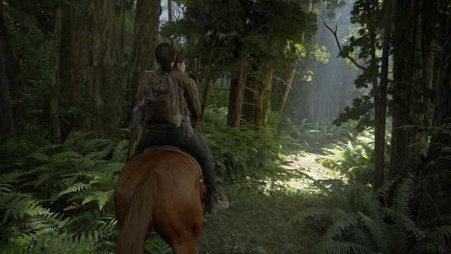 TLOU2 Remastered: Ellie and Dina riding Shimmer in Seattle forest.