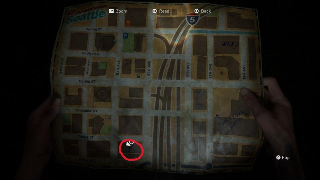 TLoU Part 2 Downtown Seattle map with Westlake Bank marked
