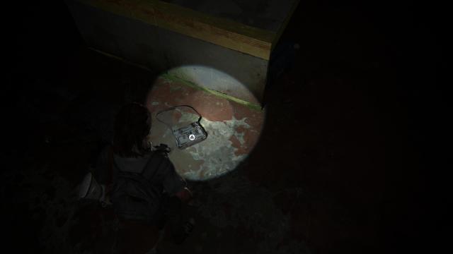 Ellie shines a light on a satchel on the floor of the bank