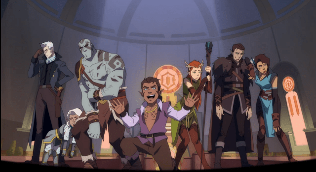 An ensemble shot of many characters looking exhausted in The Legend of Vox Machina