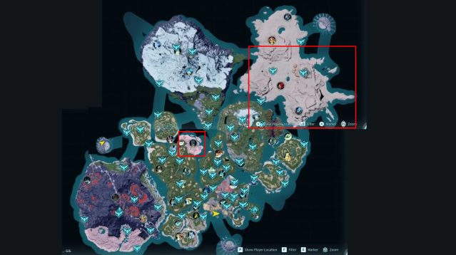 Tocotocos spawn locations marked on Palworld's map.