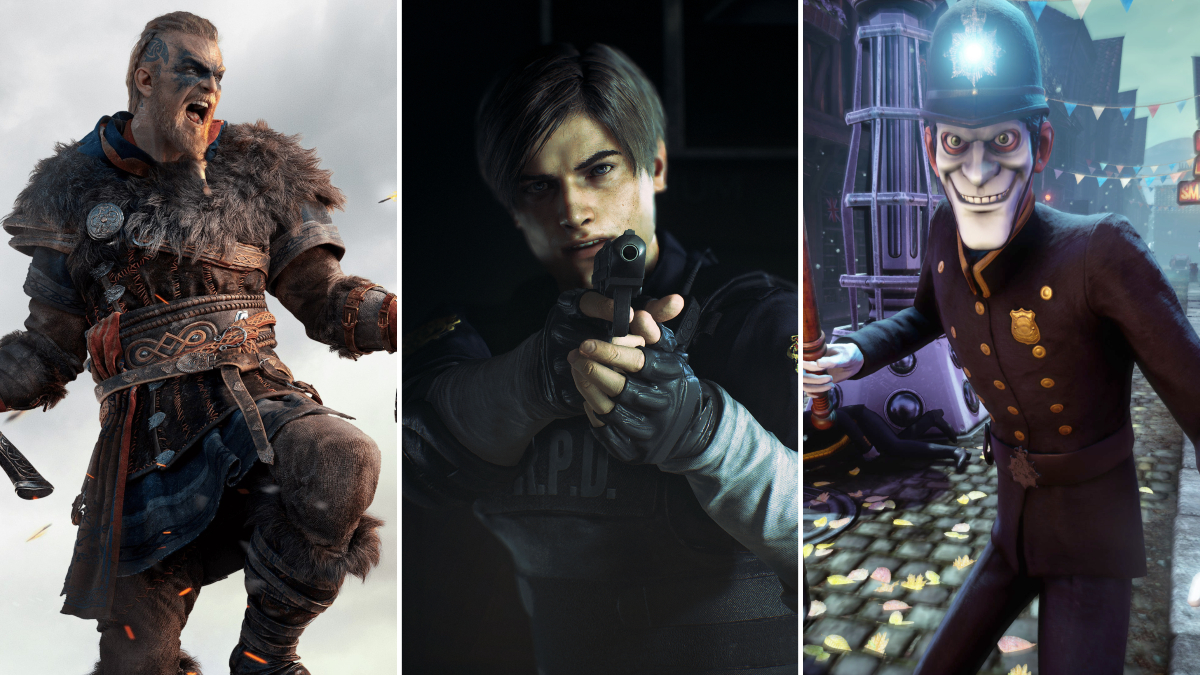 Images from Assassin's Creed Valhalla, Resident Evil 2, and We Happy Few shown side by side.
