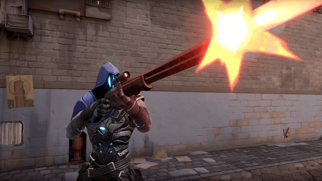 Omen firing the Outlaw sniper rifle in VALORANT.