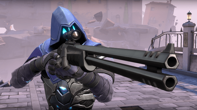 Omen aiming down the sights of the Outlaw sniper rifle in VALORANT.