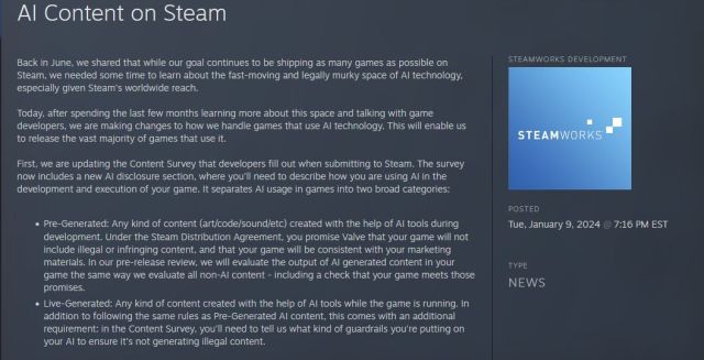 A screenshot of the text from Valve's Jan. 9 AI Content update.