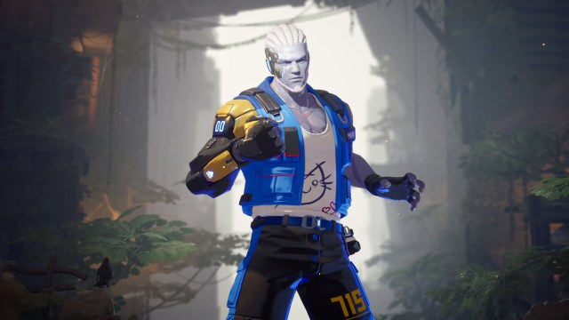 A male cyborg-like character from Wakerunners, wearing his blue jacket.