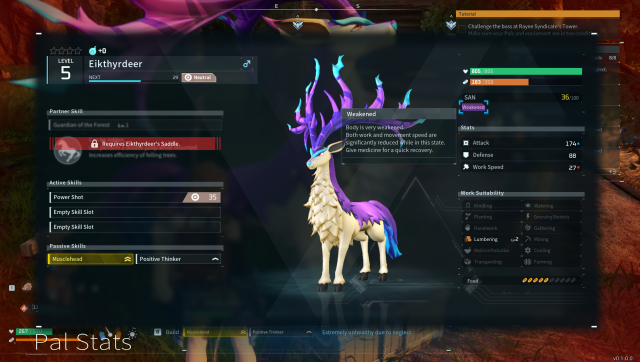 A screenshot from Palworld of a Eikthyrdeer with the Weakened status effect.