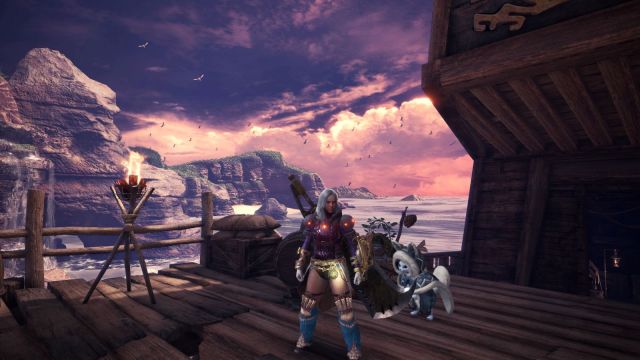 Image of a Monster Hunter World character standing in front of an ocean with a palico cat standing next to her.