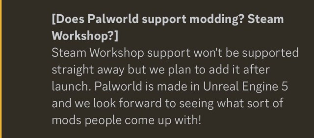 A text containing Palworld's intentions toward modding.