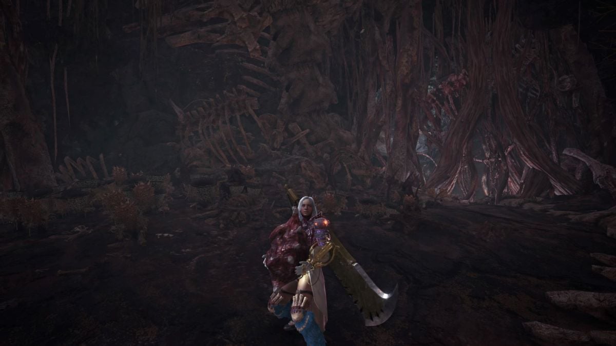 Image showcasing player standing with a Lump of Meat in Monster Hunter World. There is an ashen red background.