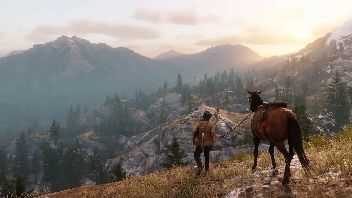 A player pulls a horse in front of a sprawling hillside in Red Dead Redemption 2.