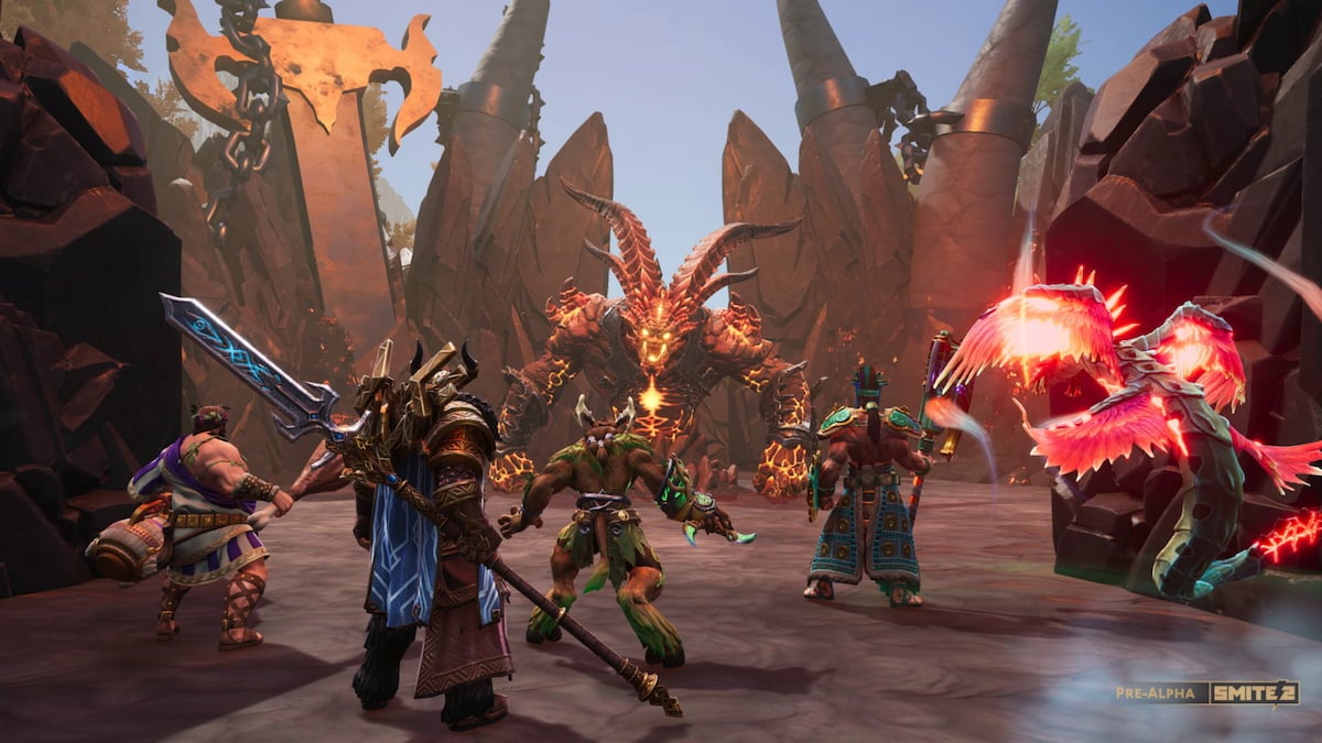 Gods wield weapons and prepare to take on a monster in Smite.