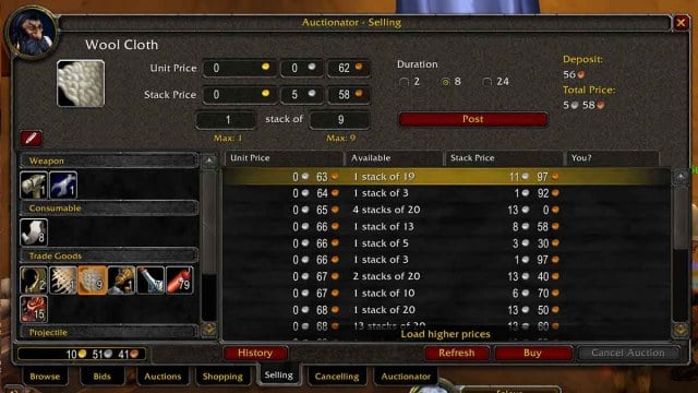 WoW Classic addon Auctionator showing listings for Wool Cloth