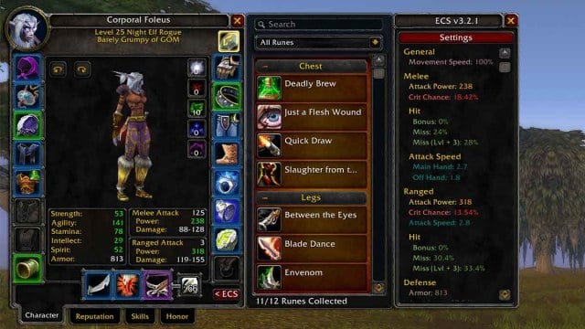 WoW Classic SoD character panel with the addon Extended Character Stats