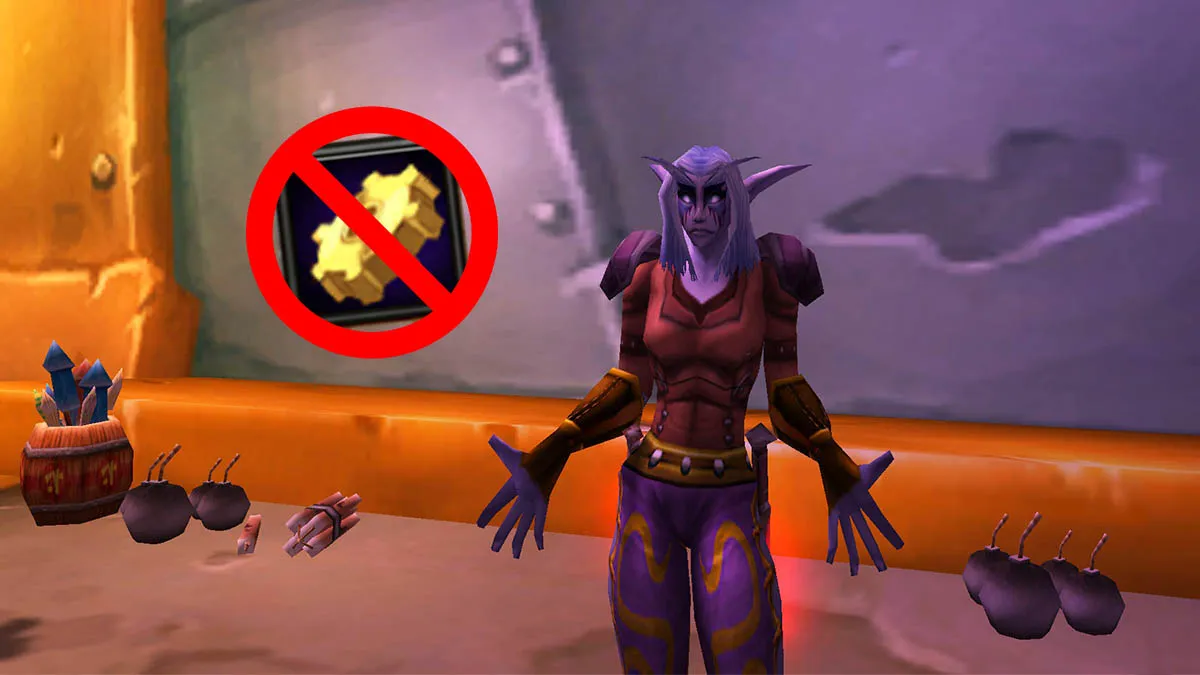 WoW Rogue shrugging in Tinker Town, Ironforge, with a no symbol over the Engineering profession icon