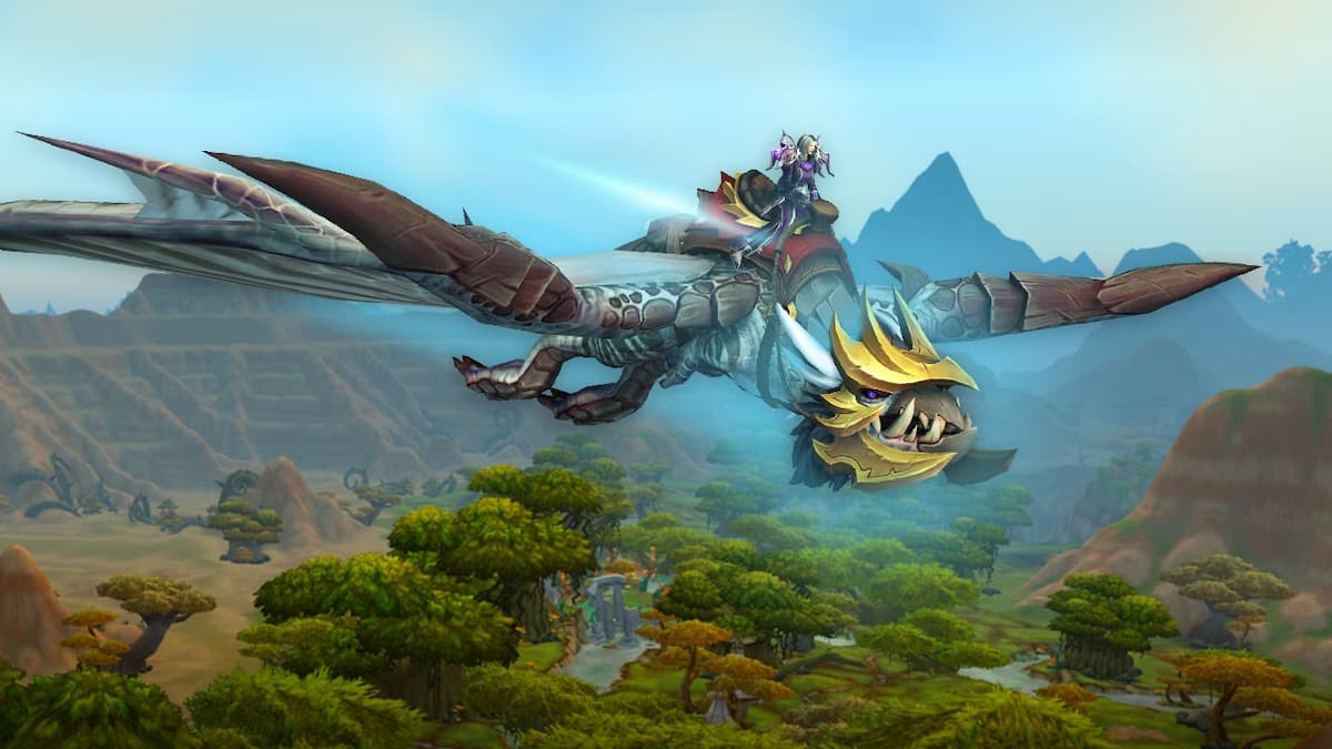 WoW character riding a Dragonriding mount in the old world
