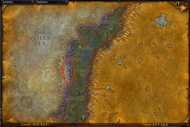 Map of Darkshore, showing where you can find Young Reef Crawlers.