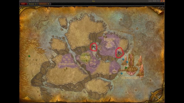 Map of Netherstorm showing marked locations of Outland cup races