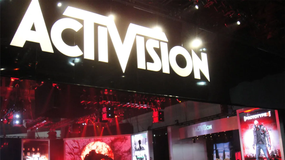 The Activision logo lit up by lights at E3.